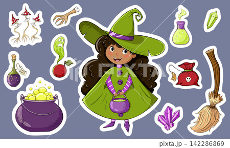 Halloween sticker pack. Girl in a witch halloween costume and spooky elements. Cartoon vector magic collection. Hand drawn illustration with a kid, magic potion, broom, cauldron, poisoned apple, magic Halloween sticker pack. Girl in a witch halloween costume and spooky elements. Cartoon vector magic collection. Hand drawn illustration with a kid, magic potion, broom, cauldron, poisoned apple, magic 142286869
