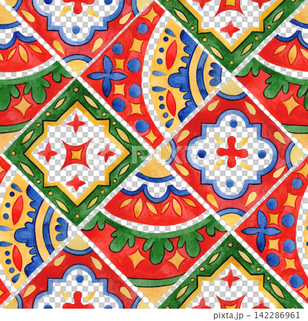 Seamless pattern of colorful tiles. Diamond print. Watercolor illustration motifs. 142286961
