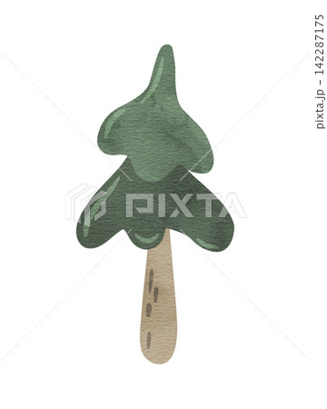 Cute cartoon evergreen trees. Spruce with green needles. Hand drawn watercolor fir illustration for kids, baby, nursery, card, pattern. Bright stylized wonderland forest. Cute cartoon evergreen trees. Spruce with green needles. Hand drawn watercolor fir illustration for kids, baby, nursery, card, pattern. Bright stylized wonderland forest. 142287175