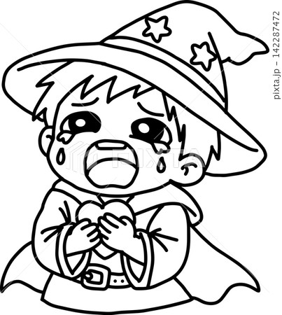 ゆるかわ魔法使いキャラクターの線画イラスト(涙・ハート・感情強め) ゆるかわ魔法使いキャラクターの線画イラスト(涙・ハート・感情強め) 142287472