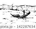 ベニチアのゴンドラと街並み　水墨画風スケッチ背景 142287634