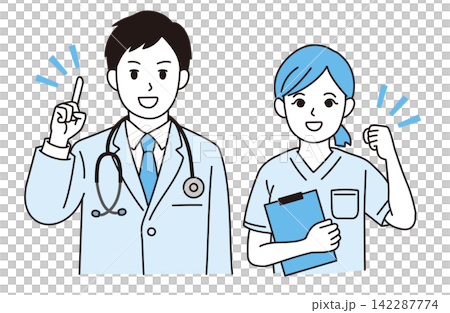 The doctor giving the explanation and the nurse making a triumphant gesture. The doctor giving the explanation and the nurse making a triumphant gesture. 142287774