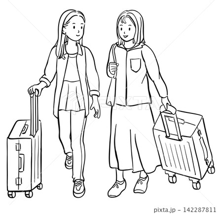 旅行に出かける若い女性たち　線画 142287811