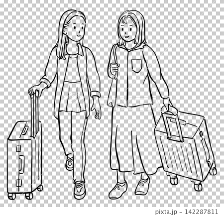 旅行に出かける若い女性たち　線画 142287811