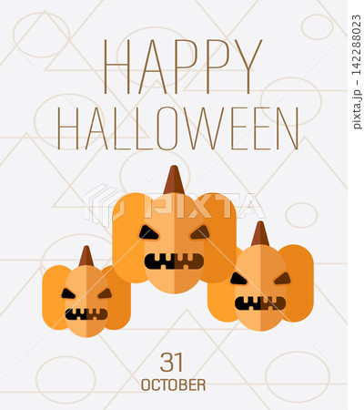 Halloween card. Geometric pattern Modern abstract background with orange simple shapes, pumpkins. Vector illustration in Bauhaus minimalist style. 142288023