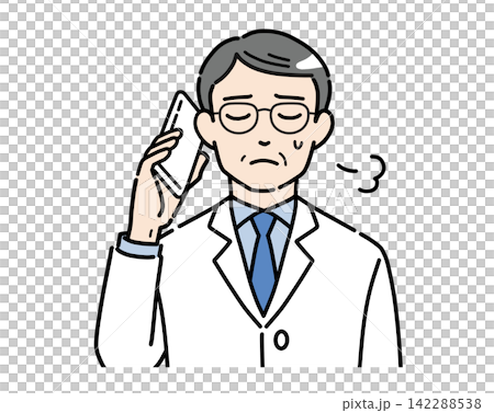一幅插圖，描繪了一位身穿白大褂的老者一邊嘆氣一邊用智慧型手機通話。 142288538
