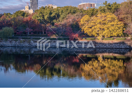 水面に映える綺麗な紅葉と歴史あるお堀の景色 142288651