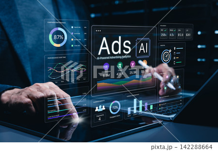 AI advertising analytics dashboard helps marketer monitor campaign performance, impressions, click, conversions, revenue, targeting, audience insight, ROI, reach for data driven marketing optimization 142288664