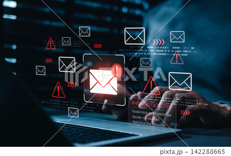 Phishing detection cybersecurity alert warns person about suspicious emails, unverified senders, and malicious links on laptop, fraud prevention, email security, threat monitoring and data protection 142288665