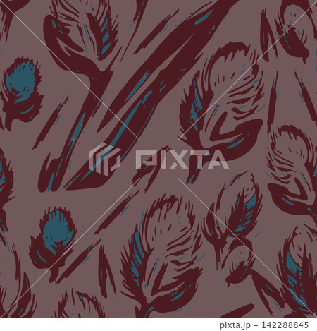 Abstract willow catkins seamless pattern with expressive brush strokes. Trendy botanical floral repeat texture for textile, fabric, wallpaper, decor. Abstract willow catkins seamless pattern with expressive brush strokes. Trendy botanical floral repeat texture for textile, fabric, wallpaper, decor. 142288845