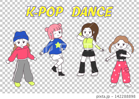 一組描繪時尚兒童跳K-POP舞蹈的可愛插圖。 一組描繪時尚兒童跳K-POP舞蹈的可愛插圖。 142288898