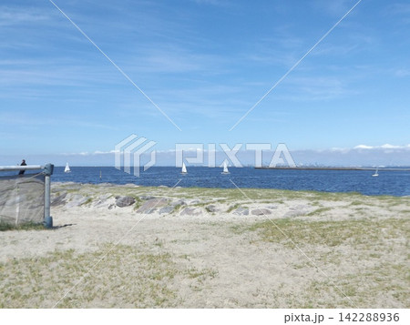 ヨットが浮かぶ海を眺める稲毛海岸 ヨットが浮かぶ海を眺める稲毛海岸 142288936
