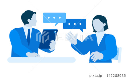 面接官と女性が面談を行う就職活動や転職活動および社内1on1ミーティングのイラスト 142288986