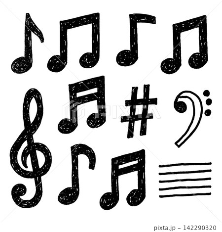 Hand drawn musical note set showing happy creative sound icon Hand drawn musical note set showing happy creative sound icon 142290320