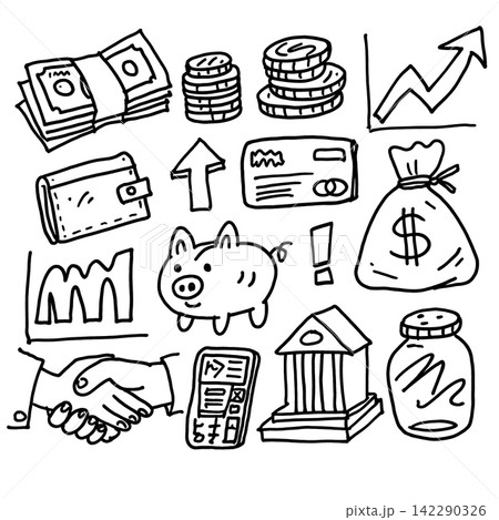 Happy money sketch set with piggy bank coin and chart doodle 142290326