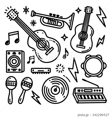 Happy music instrument doodle icon collection artwork featuring guitar trumpet speaker and vinyl Happy music instrument doodle icon collection artwork featuring guitar trumpet speaker and vinyl 142290327