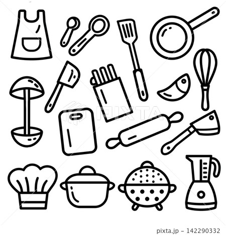 Kitchen utensil set icon collection line art artwork with joyful feeling 142290332
