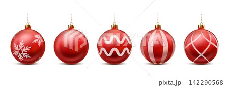 Realistic red Christmas bauble ornament vector set with glossy 3d hanging balls, snowflake, wave and stripe patterns for holiday decoration and festive card design isolated Realistic red Christmas bauble ornament vector set with glossy 3d hanging balls, snowflake, wave and stripe patterns for holiday decoration and festive card design isolated 142290568