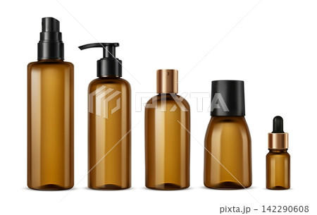 Realistic brown cosmetic glass bottle set with pump, spray and dropper containers, brown glass skincare packaging vector mockups for serum, lotion and oil Realistic brown cosmetic glass bottle set with pump, spray and dropper containers, brown glass skincare packaging vector mockups for serum, lotion and oil 142290608