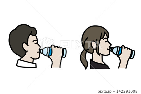 ペットボトルの水を飲む男女のイラスト ペットボトルの水を飲む男女のイラスト 142291008