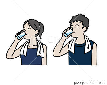 運動後に水分補給する男女のイラスト 運動後に水分補給する男女のイラスト 142291009