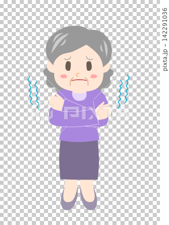 寒気がして震えるシニア女性のイラスト 寒気がして震えるシニア女性のイラスト 142291036