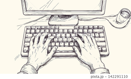 Hands typing on computer keyboard at desk Hands typing on computer keyboard at desk 142291110