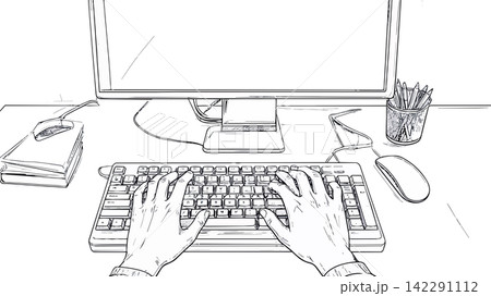 Hands typing keyboard with computer monitor and mouse 142291112