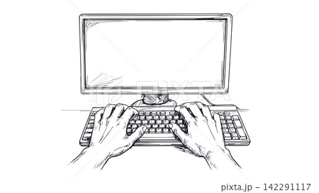 Person typing on computer keyboard working concept drawing 142291117