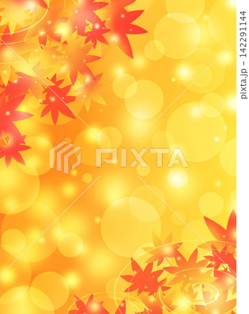 真っ赤な紅葉とキラキラしたオレンジ色の背景イラスト(縦)　玉ボケ　光　フレア 142291144