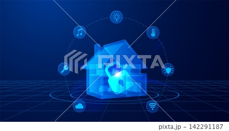 Smart home security background with futuristic IoT house 142291187