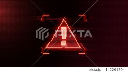 Warning cyber alert red triangle sign with exclamation mark glitch and noise effect, vector digital security message 142291204