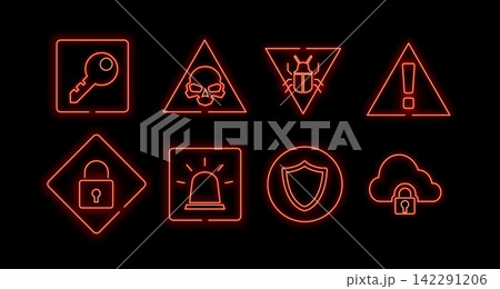 Glowing red cybersecurity warning icon set vector illustration 142291206