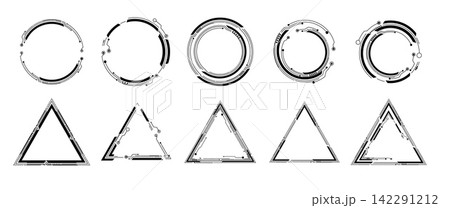 A set of round and triangular black interface frames with circuit board diagrams, lines, and dots A set of round and triangular black interface frames with circuit board diagrams, lines, and dots 142291212