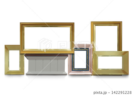 front view large gold picture frames resting on a brown wooden stand; the set includes three gold frames and one pink frame, on white background, object, decor, copy space 142291228