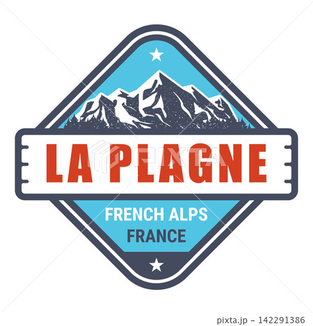 La Plagne resort, France, French Alps emblem with snow-covered mountains, vector 142291386
