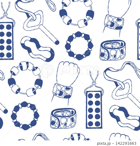 Sensory Fidget Toy Seamless Pattern. Autism ADHD Chew Necklace, Stretchy String Bracelet Clicker on White Background. Special Needs Occupational Therapy Wallpaper Hand Drawn. Vector Illustration Sensory Fidget Toy Seamless Pattern. Autism ADHD Chew Necklace, Stretchy String Bracelet Clicker on White Background. Special Needs Occupational Therapy Wallpaper Hand Drawn. Vector Illustration 142291663