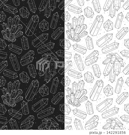 Seamless patterns with black and white crystals gems, outline drawing Seamless patterns with black and white crystals gems, outline drawing 142291856