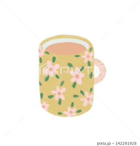 Cute floral mug with herbal tea colored pencil crayon texture naive art Cute floral mug with herbal tea colored pencil crayon texture naive art 142291928