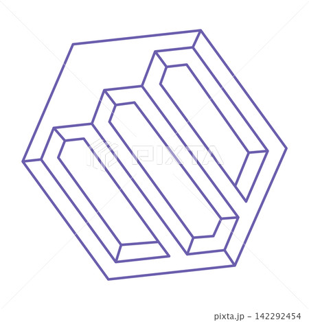 Optical illusion. Impossible shapes. Sacred geometry figure. Tattoo in trendy 2022 Very Peri color. Abstract eternal geometric objects. Optical art. Impossible geometry shape on a white background. Optical illusion. Impossible shapes. Sacred geometry figure. Tattoo in trendy 2022 Very Peri color. Abstract eternal geometric objects. Optical art. Impossible geometry shape on a white background. 142292454