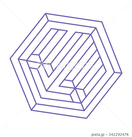 Optical illusion. Impossible shapes vector. Optical art object. Geometric figures. Escher paradox. Tattoo in trendy 2022 Very Peri color. Optical illusion. Impossible shapes vector. Optical art object. Geometric figures. Escher paradox. Tattoo in trendy 2022 Very Peri color. 142292476
