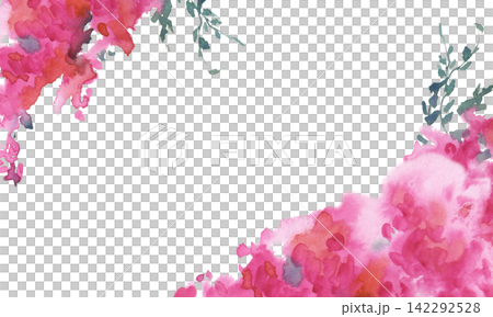 A horizontal frame with bright pink bougainvillea and an empty space for insertion. A watercolor floral illustration on an isolated background. A horizontal frame with bright pink bougainvillea and an empty space for insertion. A watercolor floral illustration on an isolated background. 142292528