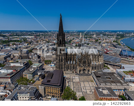 High angle wide horizontal aerial drone photograph of Cologne Cathedral, Roncalliplatz, Museum Ludwig, Rhine river, and city skyline in Cologne, North Rhine-Westphalia, Germany, Central Europe High angle wide horizontal aerial drone photograph of Cologne Cathedral, Roncalliplatz, Museum Ludwig, Rhine river, and city skyline in Cologne, North Rhine-Westphalia, Germany, Central Europe 142292663