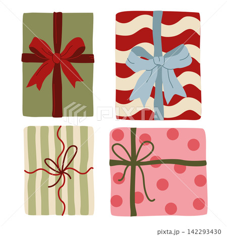Hand-drawn wrapped gift and present illustrations with ribbons and bows for birthday, Christmas, baby shower, Valentines day decor 142293430