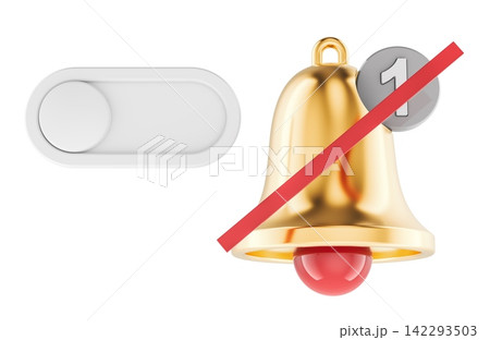 Notification bell with off switch for disabling alerts and silent mode. 3D rendering Notification bell with off switch for disabling alerts and silent mode. 3D rendering 142293503