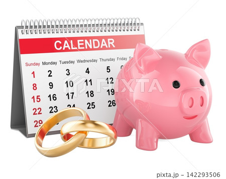 Piggy bank, wedding rings and calendar for wedding budget planning. 3D rendering Piggy bank, wedding rings and calendar for wedding budget planning. 3D rendering 142293506