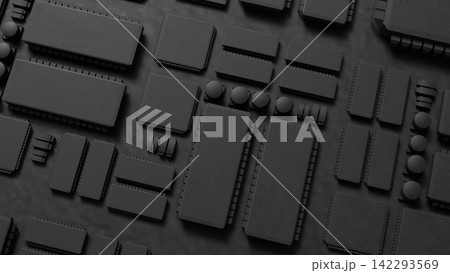 Dark Futuristic Computer Circuit Board with Microprocessor Chips 3d render. 142293569