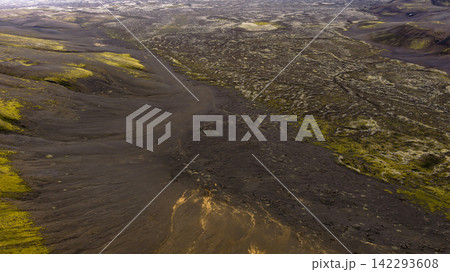 Aerial view of lava fields with moss coverage and geothermal features, Skaft?rhreppur Iceland 142293608