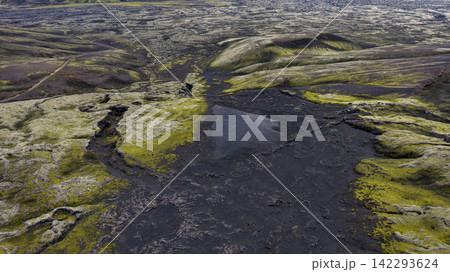 Aerial view of moss-covered lava field with stream, Skaft?rhreppur Iceland 142293624