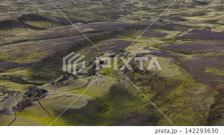 Aerial view of moss-covered lava field with cinder cones, Skaft?rhreppur Iceland Aerial view of moss-covered lava field with cinder cones, Skaft?rhreppur Iceland 142293630